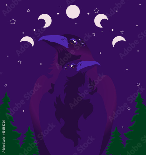 Dark, mystical set - raven, crow, moon, month, night, forest, eye