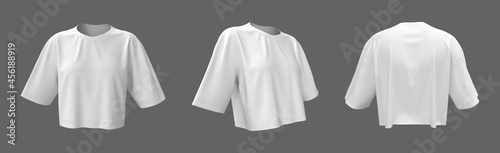 Photo Women's cropped t-shirt mockup, front, side and back views, design presentation
