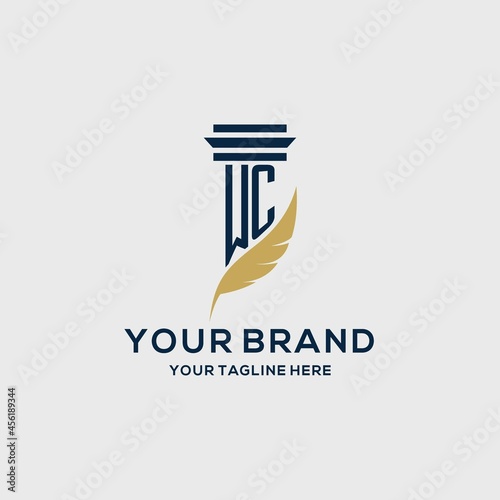 WC monogram initial logo with pillar and feather design