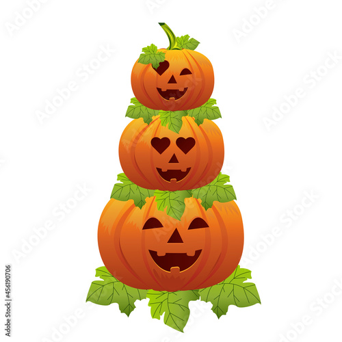 Pumpkins with carved faces, emotions, a smile. Festive decoration for the day of Halloween. Vector drawing on a white isolated background.
