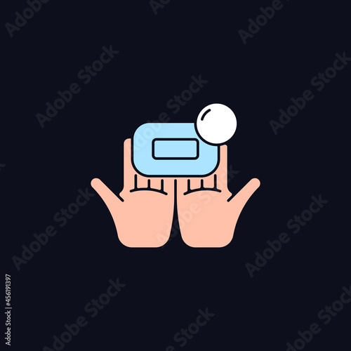 Washing with brick soap RGB color icon for dark theme. Getting hands clean, germs-free. Wetting bar soap. Isolated vector illustration on night mode background. Simple filled line drawing on black