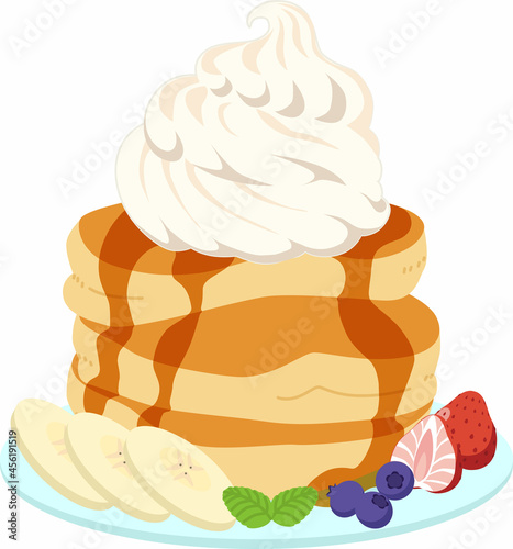 生クリームがたっぷりと乗ったパンケーキ、フルーツ添え