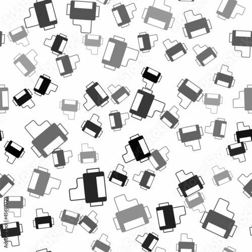 Black Camera vintage film roll cartridge icon isolated seamless pattern on white background. 35mm film canister. Filmstrip photographer equipment. Vector
