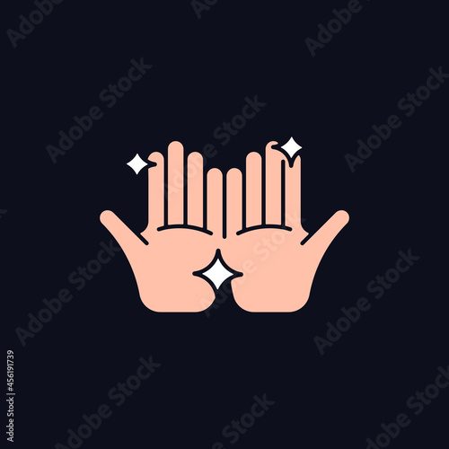 Clean hands RGB color icon for dark theme. Washing hands with warm water and soap. Removing visible dirt. Isolated vector illustration on night mode background. Simple filled line drawing on black