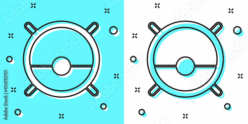 Black line Robot vacuum cleaner icon isolated on green and white background. Home smart appliance for automatic vacuuming, digital device for house cleaning. Random dynamic shapes. Vector