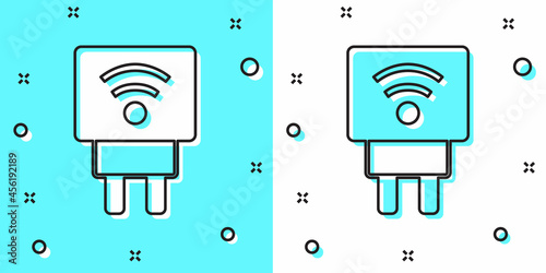 Black line Smart electric plug system icon isolated on green and white background. Internet of things concept with wireless connection. Random dynamic shapes. Vector