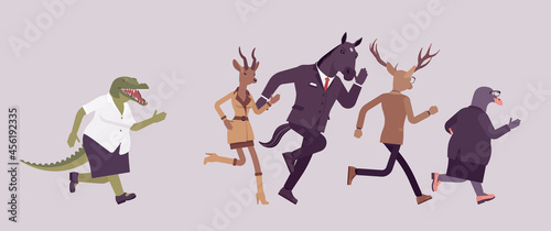 Animal crocodile chasing in anger deer, roe, gull and horse. Pursue to catch, angry crying business female person of great power, office boss in aggressive follow after employees. Vector illustration