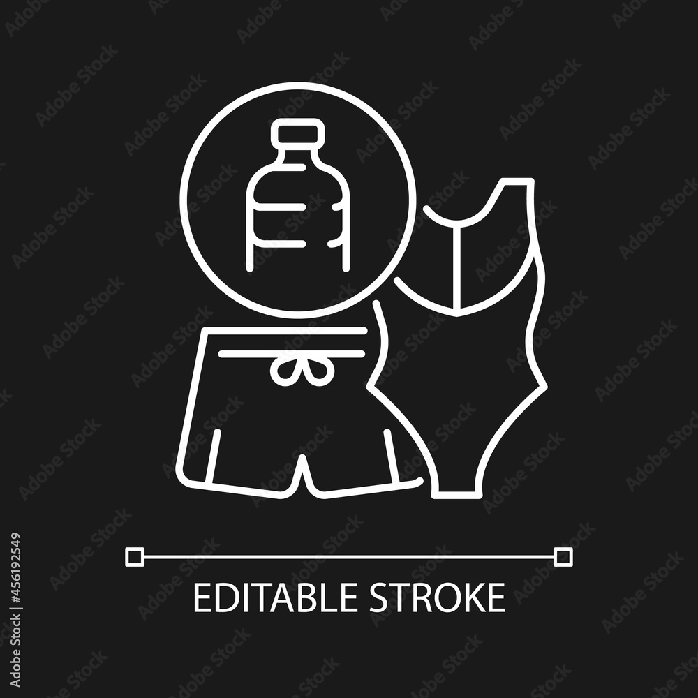 Swimsuit from plastic bottles white linear icon for dark theme. Recycled plastic waste. Thin line customizable illustration. Isolated vector contour symbol for night mode. Editable stroke Swimsuit from plastic bottles white linear icon for dark theme. Recycled plastic waste. Thin line customizable illustration. Isolated vector contour symbol for night mode. Editable stroke