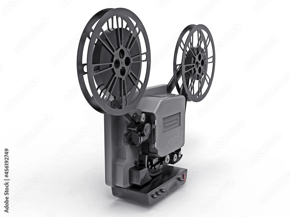Black 3d cinema film projector isolated on white background. 3d rendering.