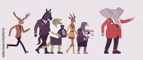 Animals, elephant showing way for crocodile, roe, gull, deer, horse. Dressed up gentleman with large trunk helping other with direction management or guidance, path to choose. Vector illustration