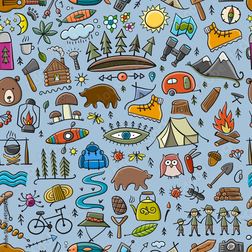 World Tourism Day. Forest and Mountain Tourist Seamless pattern. Camping Back...