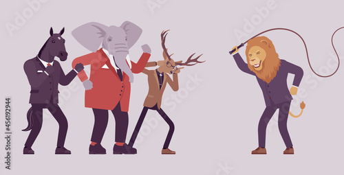 Male lion, large animal with whip to deer, horse, elephant. Punishment, rough business treatment and rude physical handling, bullying, teasing from boss, office management. Vector illustration