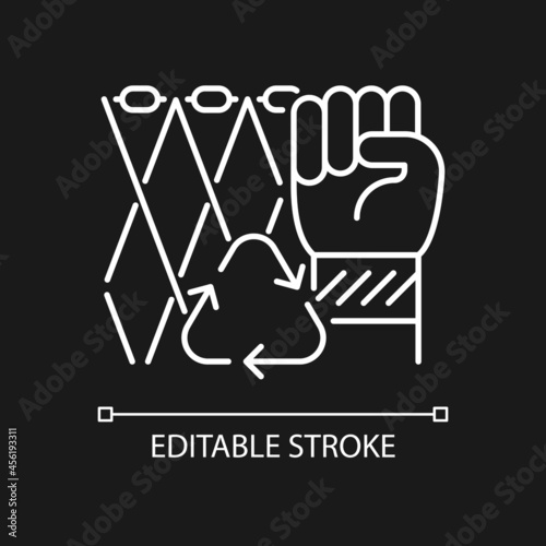 Ghost net bracelets white linear icon for dark theme. Recycling salvaged fishing nets. Thin line customizable illustration. Isolated vector contour symbol for night mode. Editable stroke