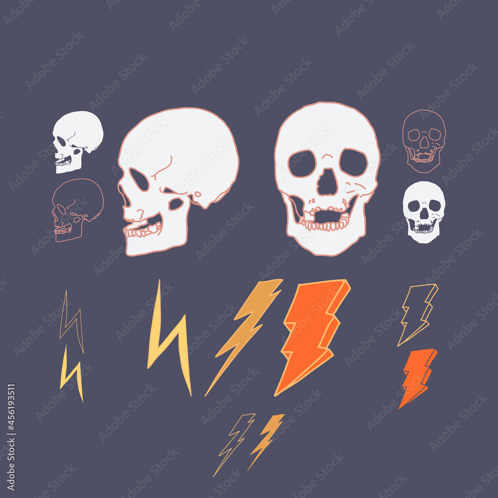 set of skulls and thunder vector illustration set of skulls and thunder vector illustration