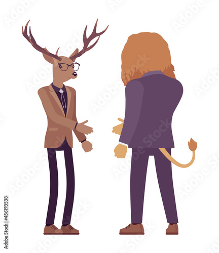 Animals, deer, lion meeting to greet, reach out hand shake. Large male beasts wearing formal human business wear facing each other for congratulation, agreement, farewell gesture. Vector illustration
