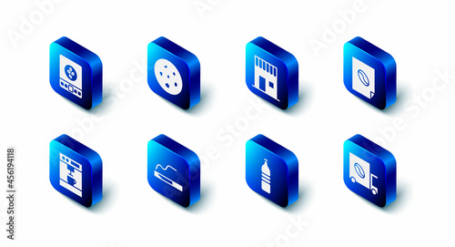 Set Cookie or biscuit, Coffee shop, poster, street truck machine, Bottle water, Cigarette, and Electronic coffee scales icon. Vector