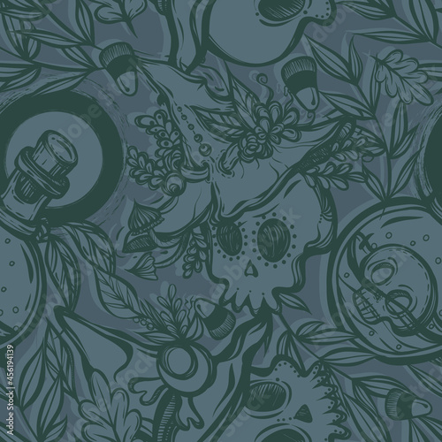 Vector illustration, Halloween, skulls, witch hat, potion bottle, mystic, witchcraft. handmade, prints, background grey blue, seamless pattern