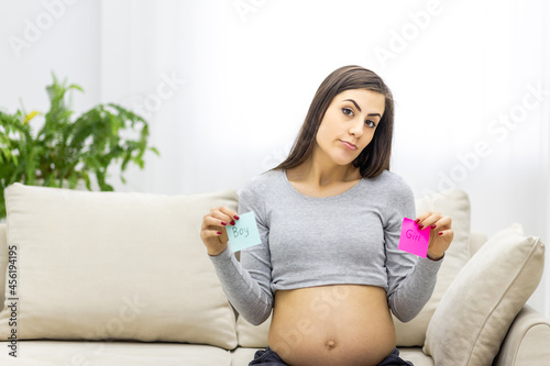 Photo of pregnant woman holding pink and blue papers which mean gender of future baby.