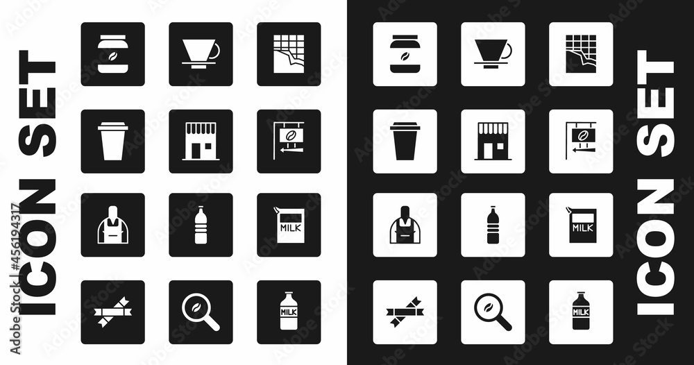 Set Chocolate bar, Coffee shop, cup to go, jar bottle, Street signboard coffee, V60 maker, Paper package for milk and Barista icon. Vector