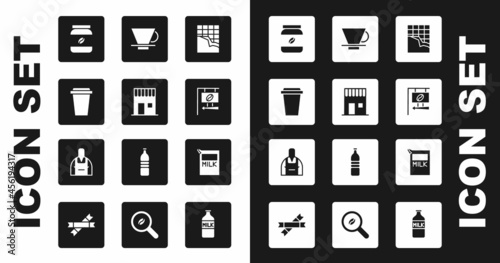 Set Chocolate bar, Coffee shop, cup to go, jar bottle, Street signboard coffee, V60 maker, Paper package for milk and Barista icon. Vector
