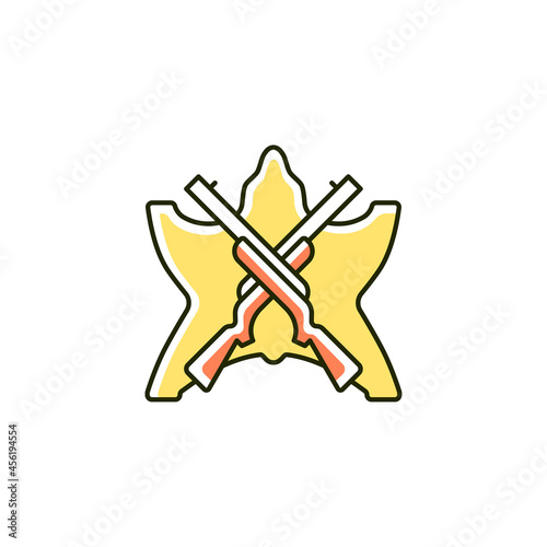 Hunting trophy RGB color icon. Pursue and kill wild animals with big antlers and horns. Big game animals taxidermy. Trophy room. Isolated vector illustration. Simple filled line drawing