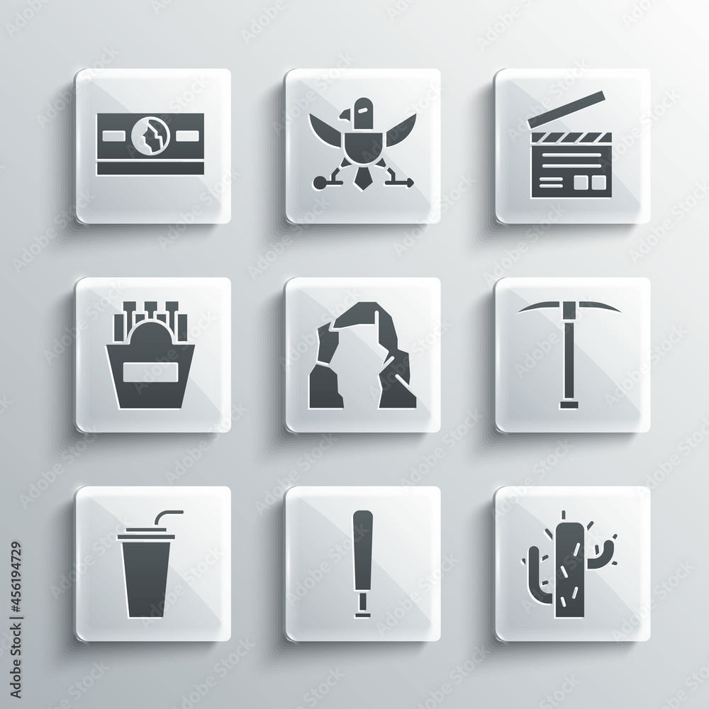 Set Baseball bat, Cactus, Pickaxe, Grand canyon, Paper glass with straw, Potatoes french fries in box, Stacks paper money cash and Movie clapper icon. Vector Set Baseball bat, Cactus, Pickaxe, Grand canyon, Paper glass with straw, Potatoes french fries in box, Stacks paper money cash and Movie clapper icon. Vector