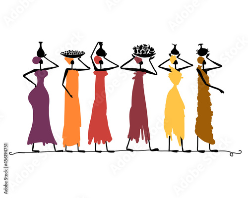African women with jugs and food, wearing ethnic dresses. Art silhouette for ...