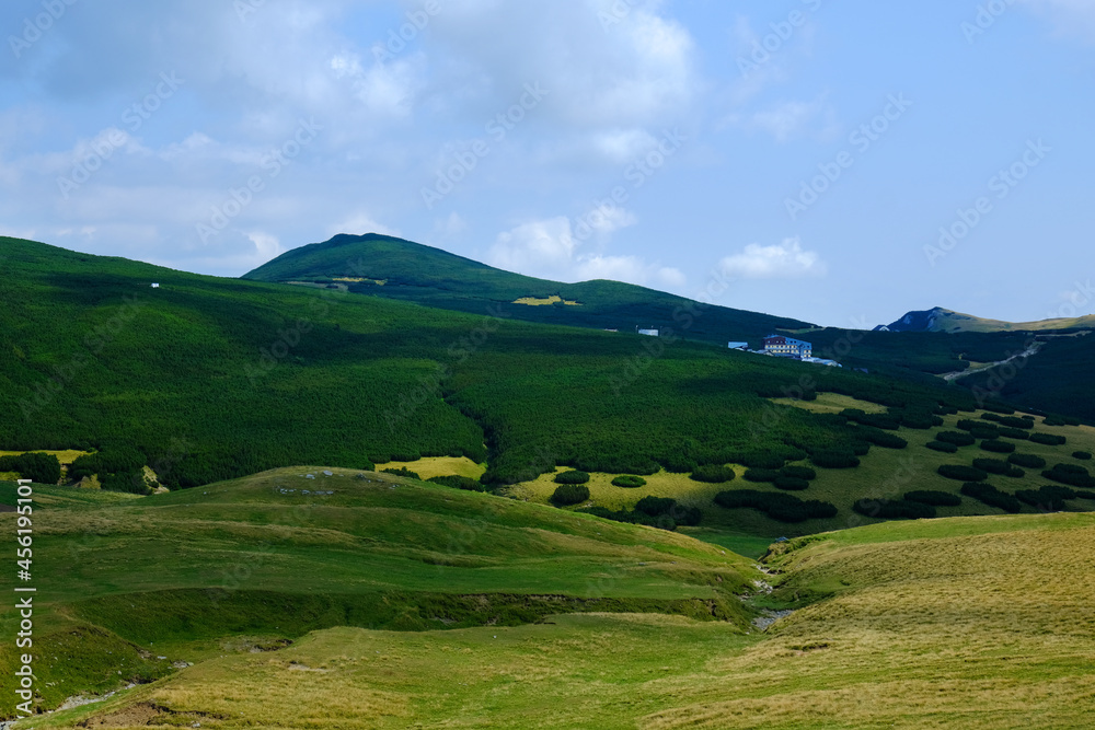 Beautiful landscape on the Bucegi Plateau, with Jepii Mari and Piatra Arsa Chalet, Carpathian Mountains, Romania