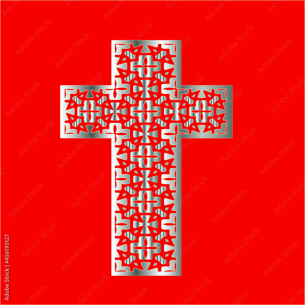 
cross with patterns of metal on a red background. 