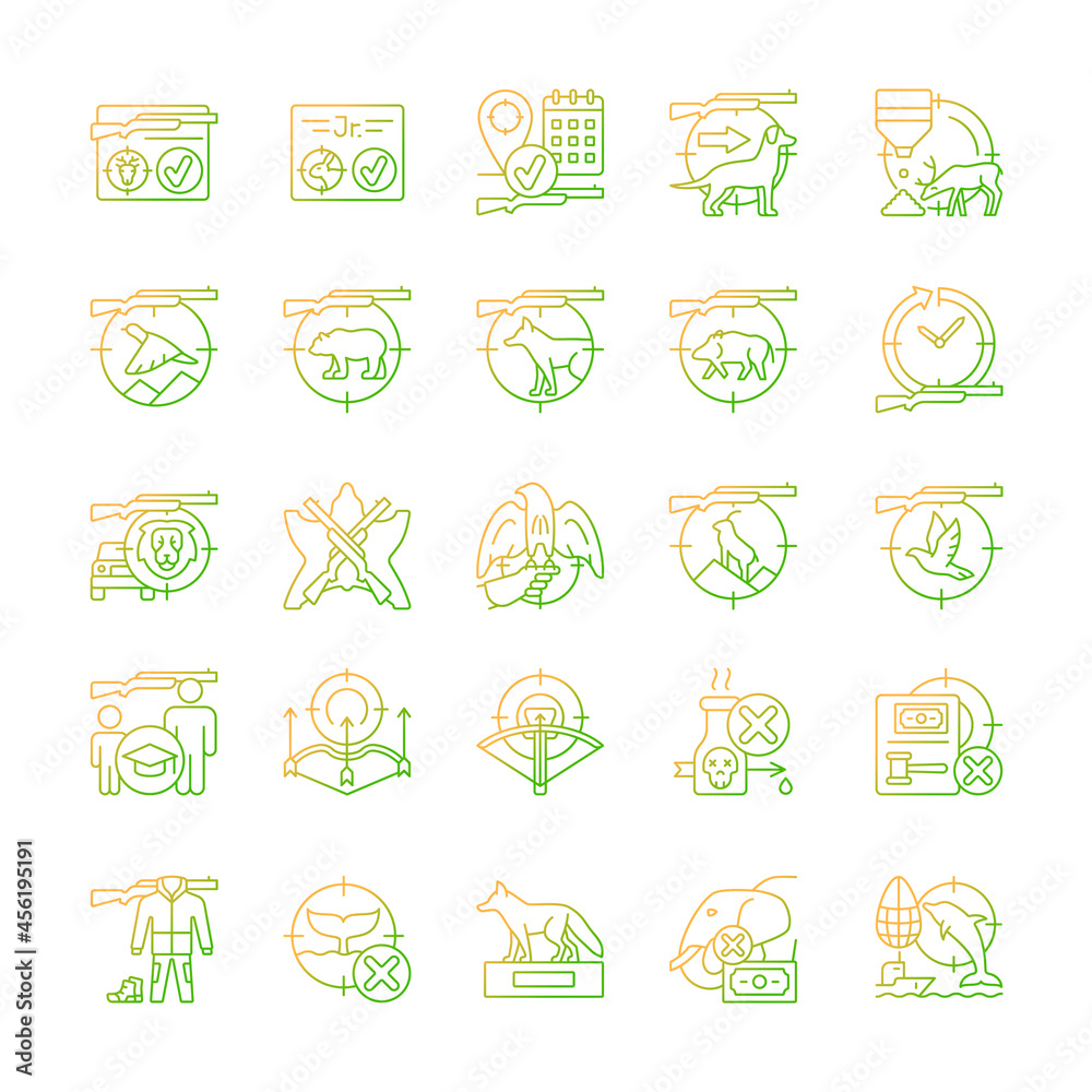 Hunting gradient linear vector icons set. Wildlife animal and bird hunt. Pursue and capture prey. Shooting and trapping. Thin line contour symbols bundle. Isolated outline illustrations collection Hunting gradient linear vector icons set. Wildlife animal and bird hunt. Pursue and capture prey. Shooting and trapping. Thin line contour symbols bundle. Isolated outline illustrations collection
