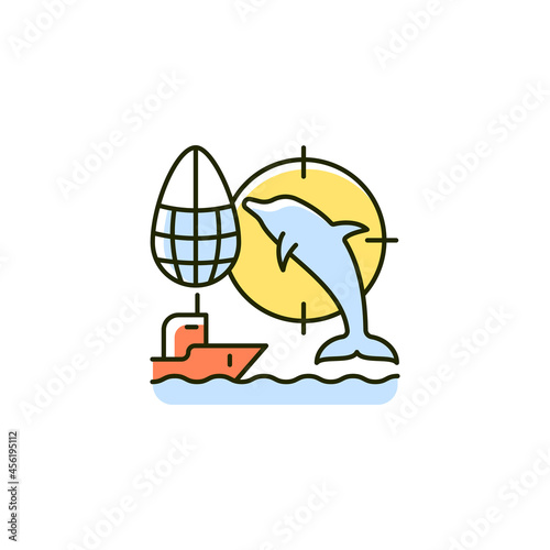 Dolphin drive hunting RGB color icon. Drive dolphins with boat to shore and kill. Fishing method. Trading sea mammals to dolphinarium. Isolated vector illustration. Simple filled line drawing