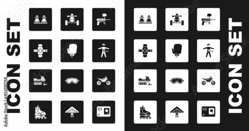 Set Paintball gun, Boxing glove, Knee pads, Snowboard, Bungee jumping, ATV motorcycle, Mountain bike and Snowmobile icon. Vector