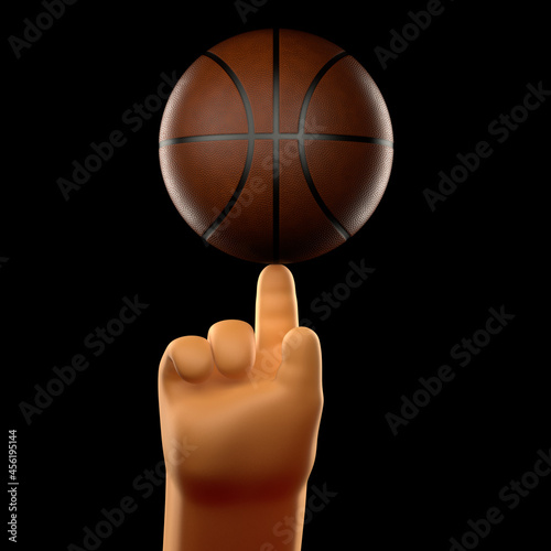 The brown 3D basketball ball on the forefinger of cartoon hand