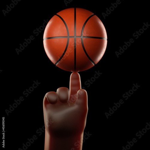 The prange 3D basketball ball on the forefinger of cartoon hand