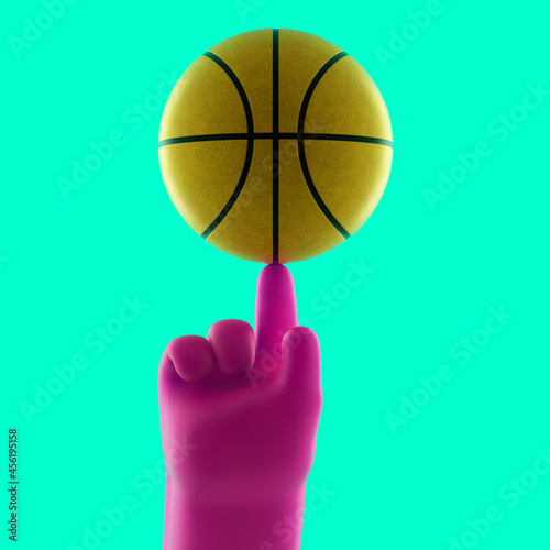 The yellow 3D basketball ball on the forefinger of cartoon hand