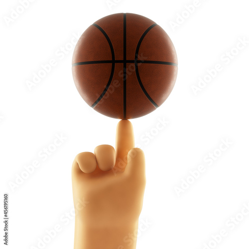The brown 3D basketball ball on the forefinger of cartoon hand