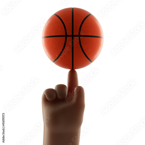 The orange 3D basketball ball on the forefinger of cartoon hand