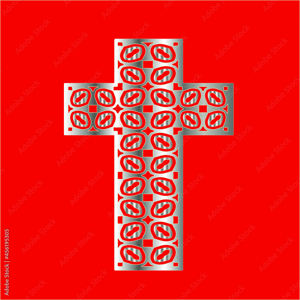 
cross with patterns of metal on a red background. 