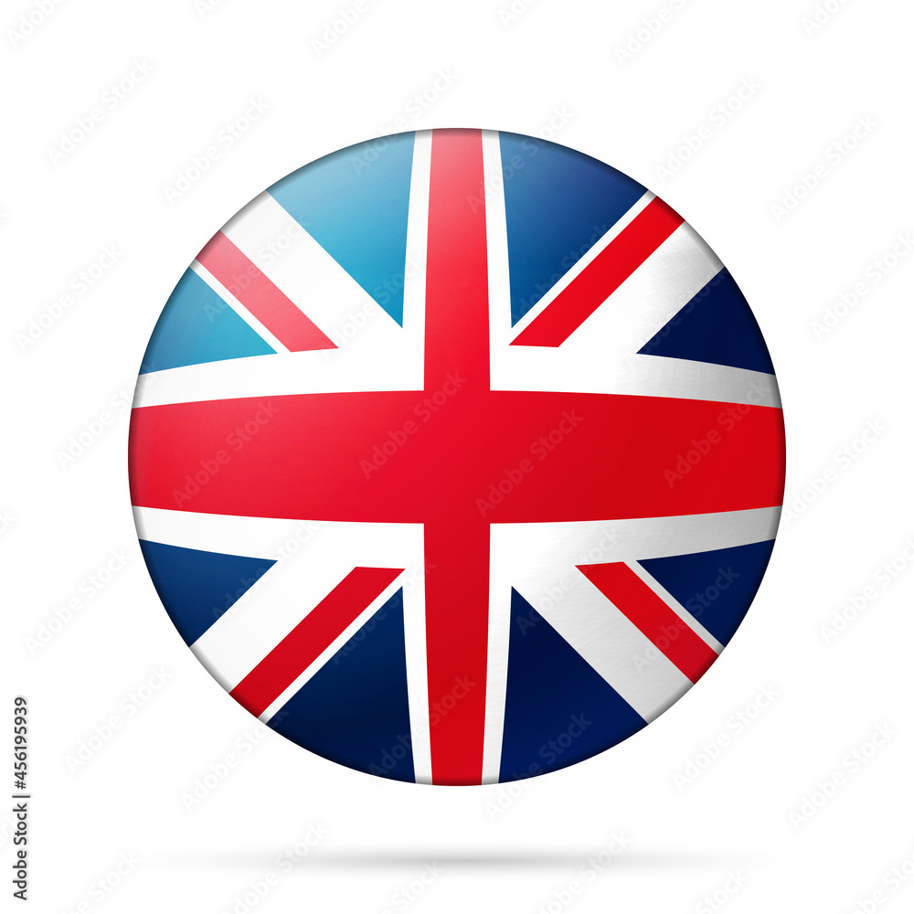 Obraz premium Glass light ball with flag of United Kingdom. Round sphere, template icon. English national symbol. Glossy realistic ball, 3D abstract vector illustration highlighted on a white background. Big bubble
