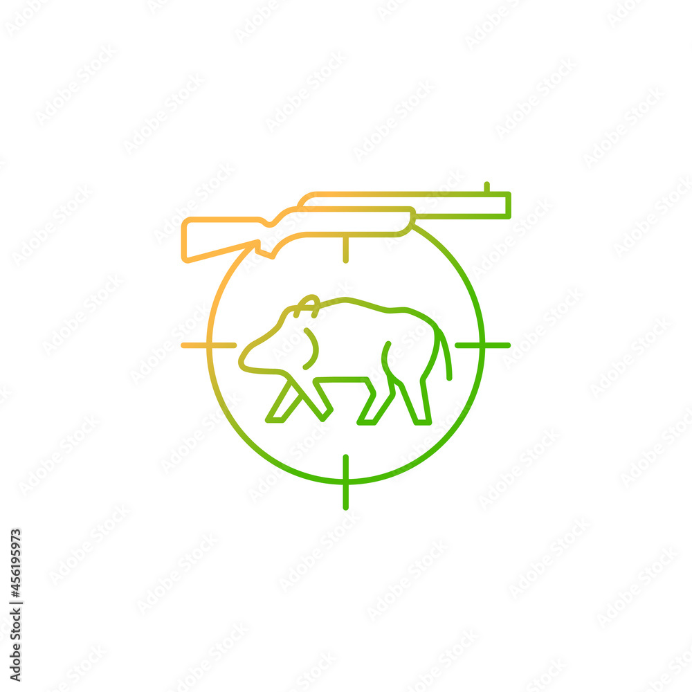 Wild boar hunting gradient linear vector icon. Capture and kill wild hog. Ferral peccary and pig. Hunting with dog. Thin line color symbol. Modern style pictogram. Vector isolated outline drawing Wild boar hunting gradient linear vector icon. Capture and kill wild hog. Ferral peccary and pig. Hunting with dog. Thin line color symbol. Modern style pictogram. Vector isolated outline drawing