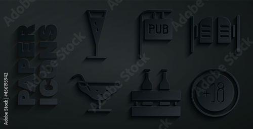 Set Pack of beer bottles, Saloon door, Cocktail, Alcohol 18 plus, Street signboard with Pub and Glass champagne icon. Vector