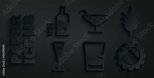 Set Glass of vodka, Hop, champagne, Bottle cap, Cocktail and Vodka with pepper and glass icon. Vector