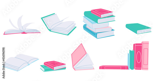 Books simple elements collection. Pile of paper notebooks flat isolated set. Different literature in trendy flat design.