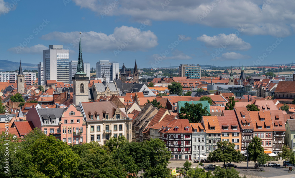 Skyline of Erfurt, the capital and largest city in Thuringia, central Germany. Its old town is one of the best preserved medieval city centres in Germany