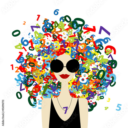 Accountant concept, Female Portrait with numbers on head, pretty woman in sunglasses. Design for cards, banners, posters. Maths Concept