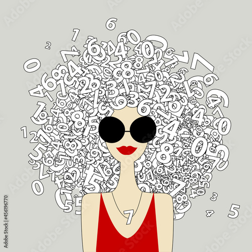 Accountant concept, Female Portrait with numbers on head, pretty woman in sunglasses. Design for cards, banners, posters. Maths Concept