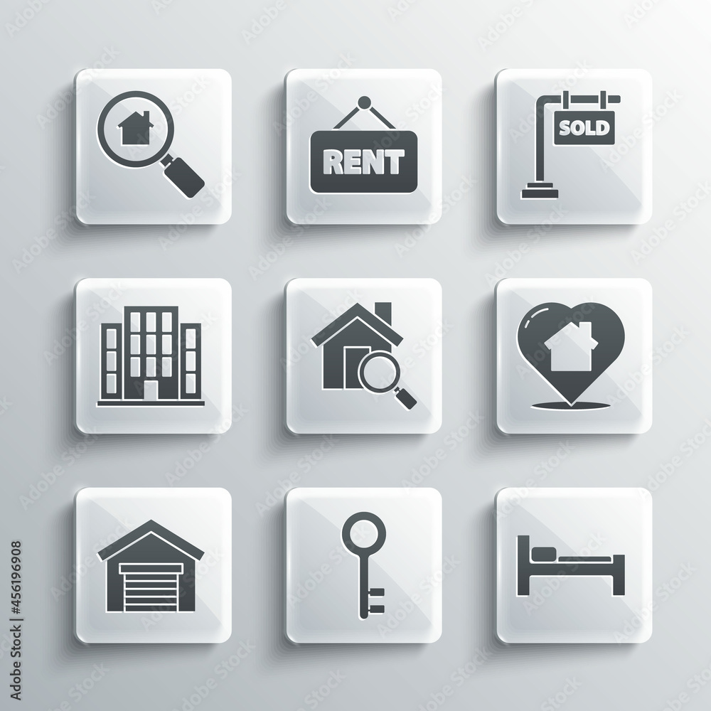 Set House key, Bed, with heart shape, Search house, Garage, and Hanging sign Sold icon. Vector Set House key, Bed, with heart shape, Search house, Garage, and Hanging sign Sold icon. Vector