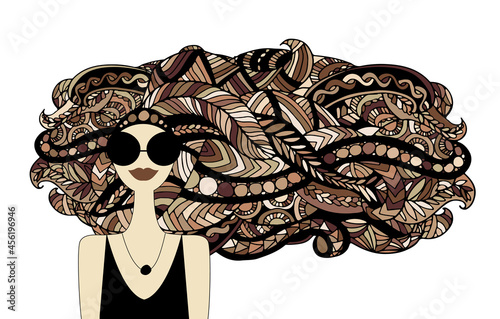 Floral female portrait, pretty woman in sunglasses. Design for fashion cards,...
