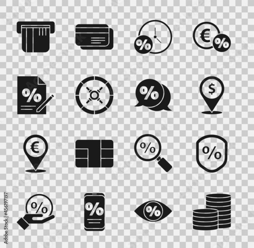 Set Coin money, Loan percent, Cash location, Clock and, Safe, Finance document, Credit card and Discount tag icon. Vector