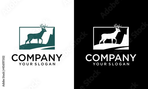 creative deer and mountain logo - vector illustration on a white and black background
